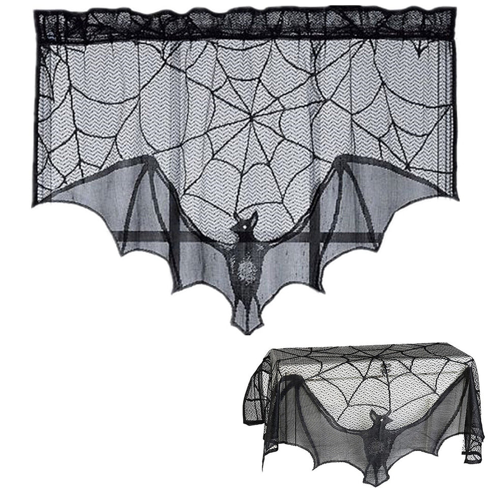 1pcs Scary Halloween Decor Black Lace Spider Web Cobweb Bat Fireplace Mantle Scarf Cover Stove Cloth Ghost