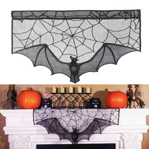 1pcs Scary Halloween Decor Black Lace Spider Web Cobweb Bat Fireplace Mantle Scarf Cover Stove Cloth Ghost