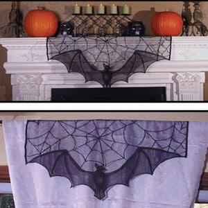 1pcs Scary Halloween Decor Black Lace Spider Web Cobweb Bat Fireplace Mantle Scarf Cover Stove Cloth Ghost