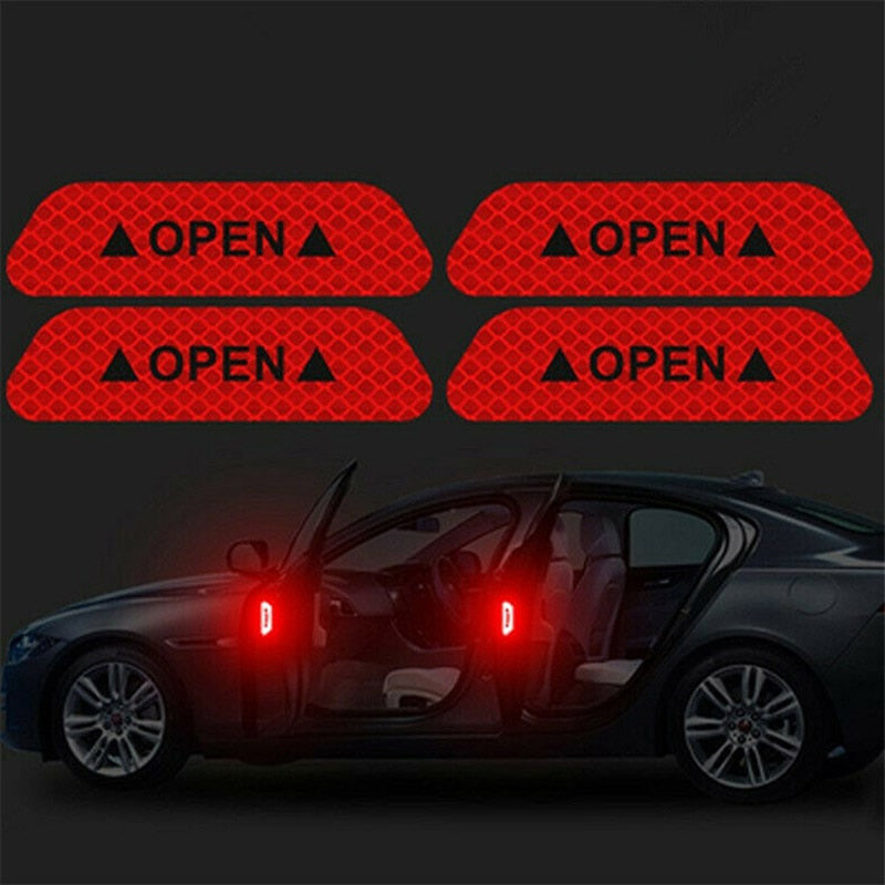 4pcs Car OPEN Reflective Tape Warning Mark Reflective Open Notice Bicycle Accessories Exterior Car Door Stickers DIY