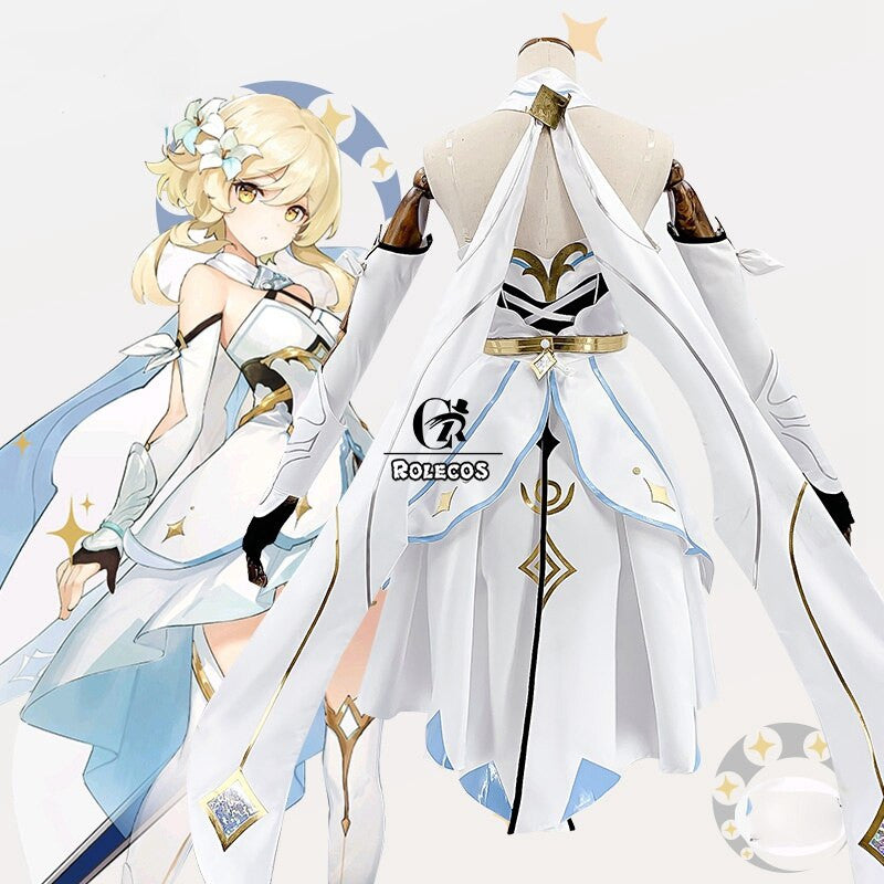 ROLECOS Genshin Impact Cosplay Costume Traveler Lumine Cosplay Costume Women White Costume Halloween