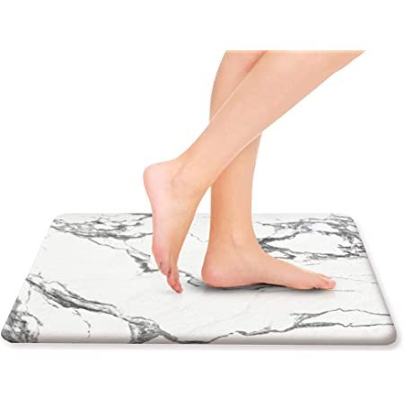 BROOKSTONE Hyper Dry Absorbent Stone Bath Mat - Instant Drying Eco-Friendly Diatomaceous Earth Bath Mat - Non-Slip and Absorbs 3X Its Volume - 15.3 in x 23.6 in - White/Gray